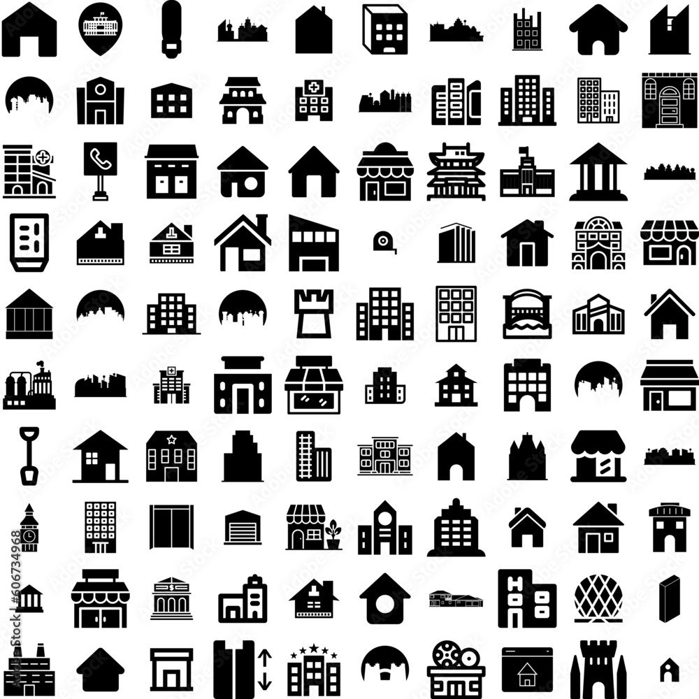 Collection Of 100 Building Icons Set Isolated Solid Silhouette Icons Including Business, Urban, Construction, Architecture, Office, Building, City Infographic Elements Vector Illustration Logo