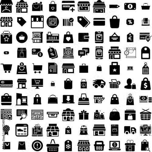 Collection Of 100 Shopping Icons Set Isolated Solid Silhouette Icons Including Discount, Shop, Business, Buy, Store, Sale, Promotion Infographic Elements Vector Illustration Logo