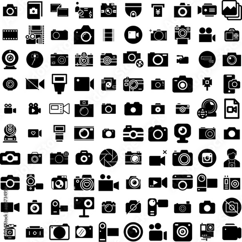 Collection Of 100 Camera Icons Set Isolated Solid Silhouette Icons Including Photo, Photography, Lens, Camera, Illustration, Equipment, Digital Infographic Elements Vector Illustration Logo