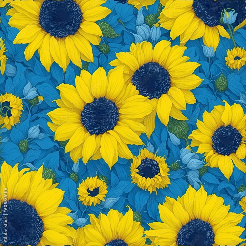 Blue and yellow daisies and sunflowers seamless pattern. Ukrainian background Blue and yellow daisies and sunflowers seamless pattern. Ukrainian background