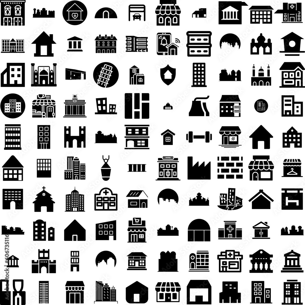 Collection Of 100 Building Icons Set Isolated Solid Silhouette Icons Including Office, Urban, City, Business, Architecture, Building, Construction Infographic Elements Vector Illustration Logo