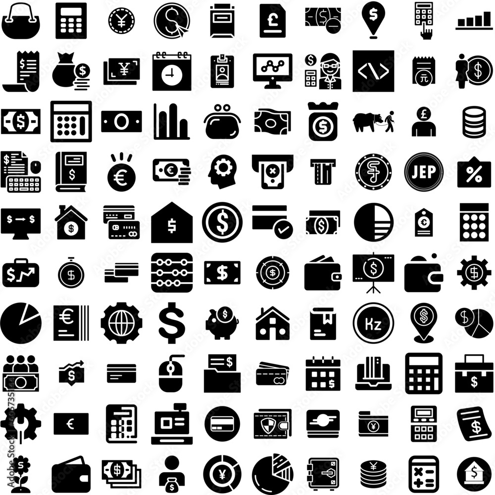 Collection Of 100 Finance Icons Set Isolated Solid Silhouette Icons Including Financial, Economy, Business, Money, Finance, Investment, Growth Infographic Elements Vector Illustration Logo