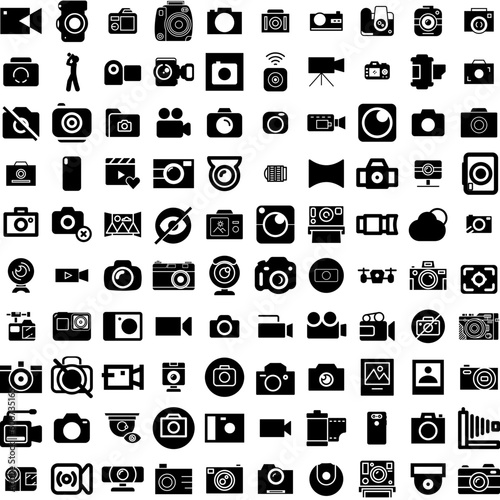 Collection Of 100 Camera Icons Set Isolated Solid Silhouette Icons Including Photo, Lens, Illustration, Digital, Photography, Camera, Equipment Infographic Elements Vector Illustration Logo