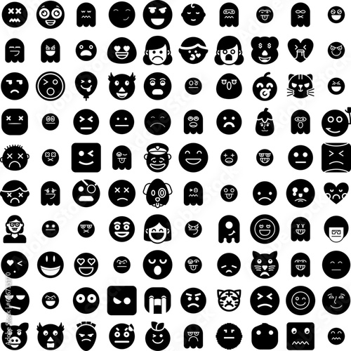 Collection Of 100 Emoji Icons Set Isolated Solid Silhouette Icons Including Symbol, Emoticon, Face, Sign, Isolated, Vector, Icon Infographic Elements Vector Illustration Logo