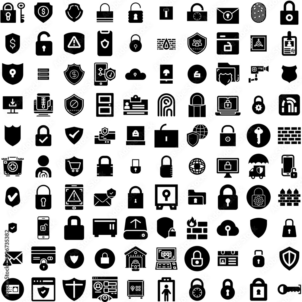 Collection Of 100 Security Icons Set Isolated Solid Silhouette Icons Including Technology, Security, Computer, Privacy, Internet, Secure, Protection Infographic Elements Vector Illustration Logo