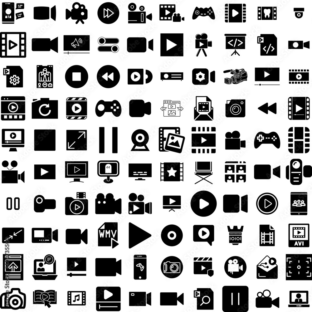 Collection Of 100 Video Icons Set Isolated Solid Silhouette Icons Including Play, Video, Internet, Media, Web, Illustration, Vector Infographic Elements Vector Illustration Logo