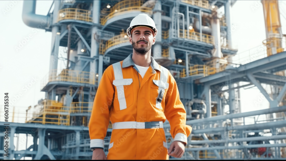 A male oil worker in uniform stands at an oil production station. Generative AI