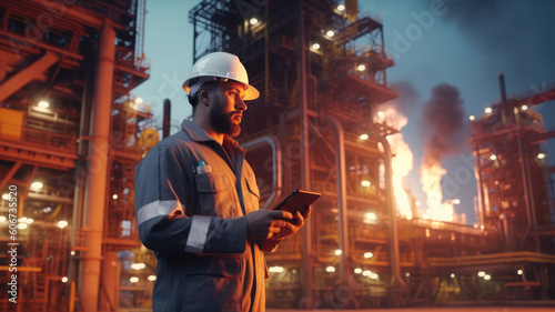 A male oil worker in a protective uniform with a digital tablet in his hands, on an oil platform. Banner with place for text. Generative AI