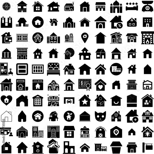 Collection Of 100 House Icons Set Isolated Solid Silhouette Icons Including Building, Home, Property, Architecture, House, Estate, Residential Infographic Elements Vector Illustration Logo