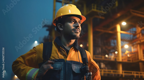 Portrait of a male worker or oilman in uniform at an oil producing station. Generative AI photo