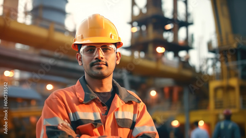 Portrait of a male oil worker in uniform at an oil production station. Generative AI