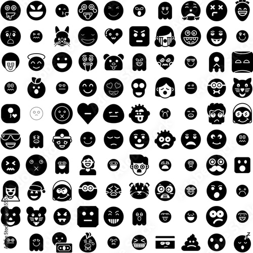 Collection Of 100 Emoji Icons Set Isolated Solid Silhouette Icons Including Symbol, Icon, Isolated, Vector, Emoticon, Sign, Face Infographic Elements Vector Illustration Logo