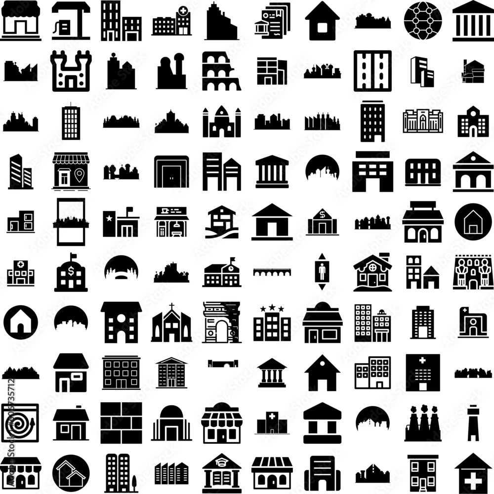 Collection Of 100 Building Icons Set Isolated Solid Silhouette Icons Including Architecture, Urban, Office, Building, City, Construction, Business Infographic Elements Vector Illustration Logo
