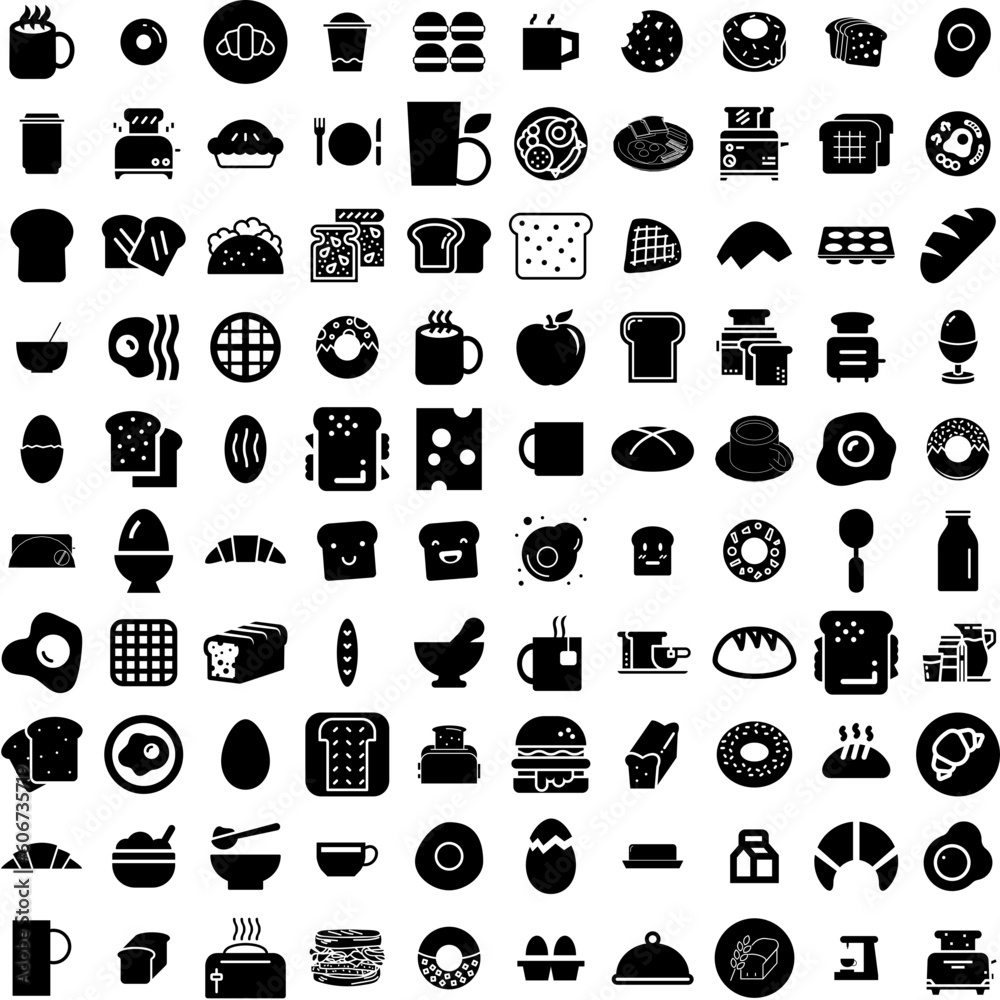 Collection Of 100 Breakfast Icons Set Isolated Solid Silhouette Icons ...