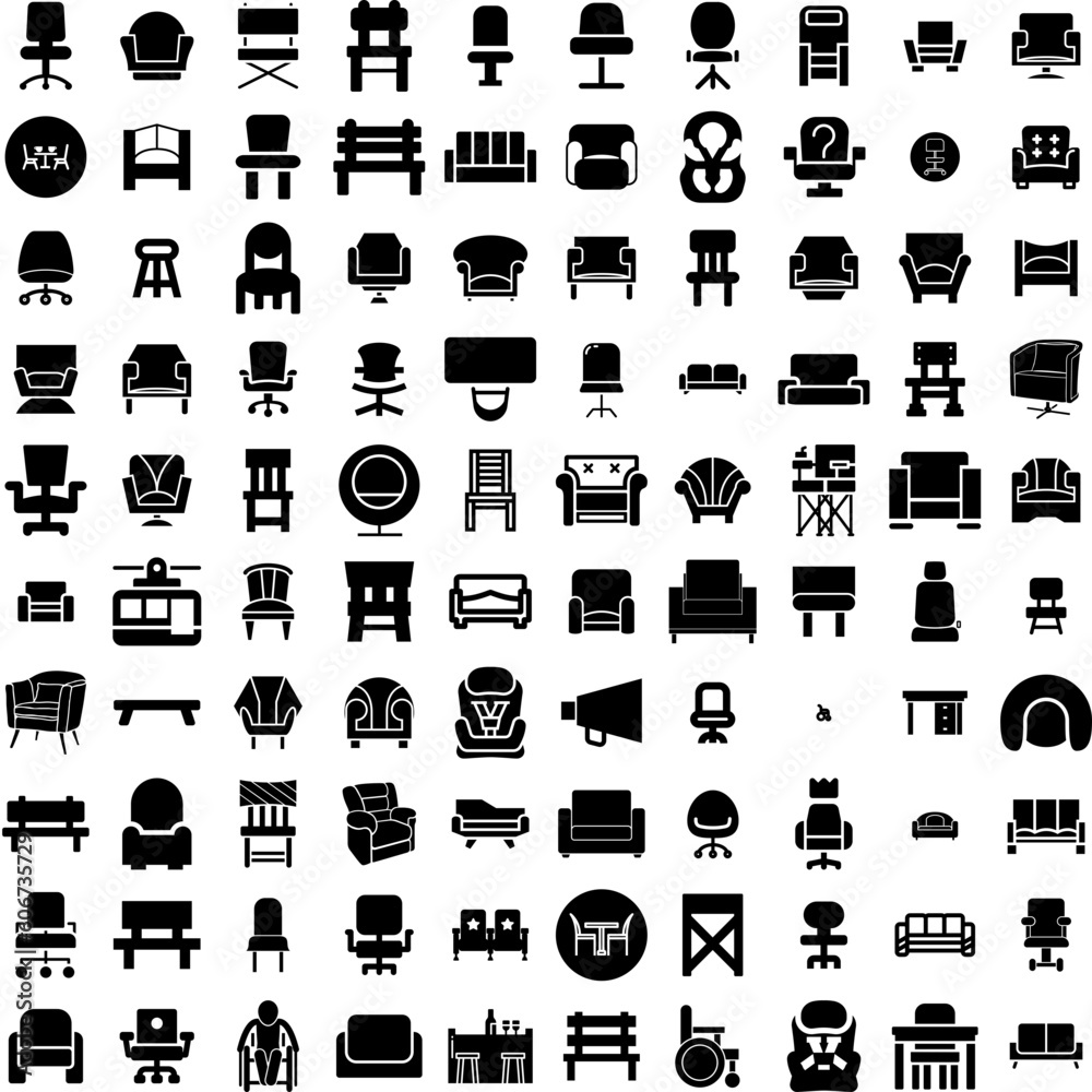 Collection Of 100 Chair Icons Set Isolated Solid Silhouette Icons