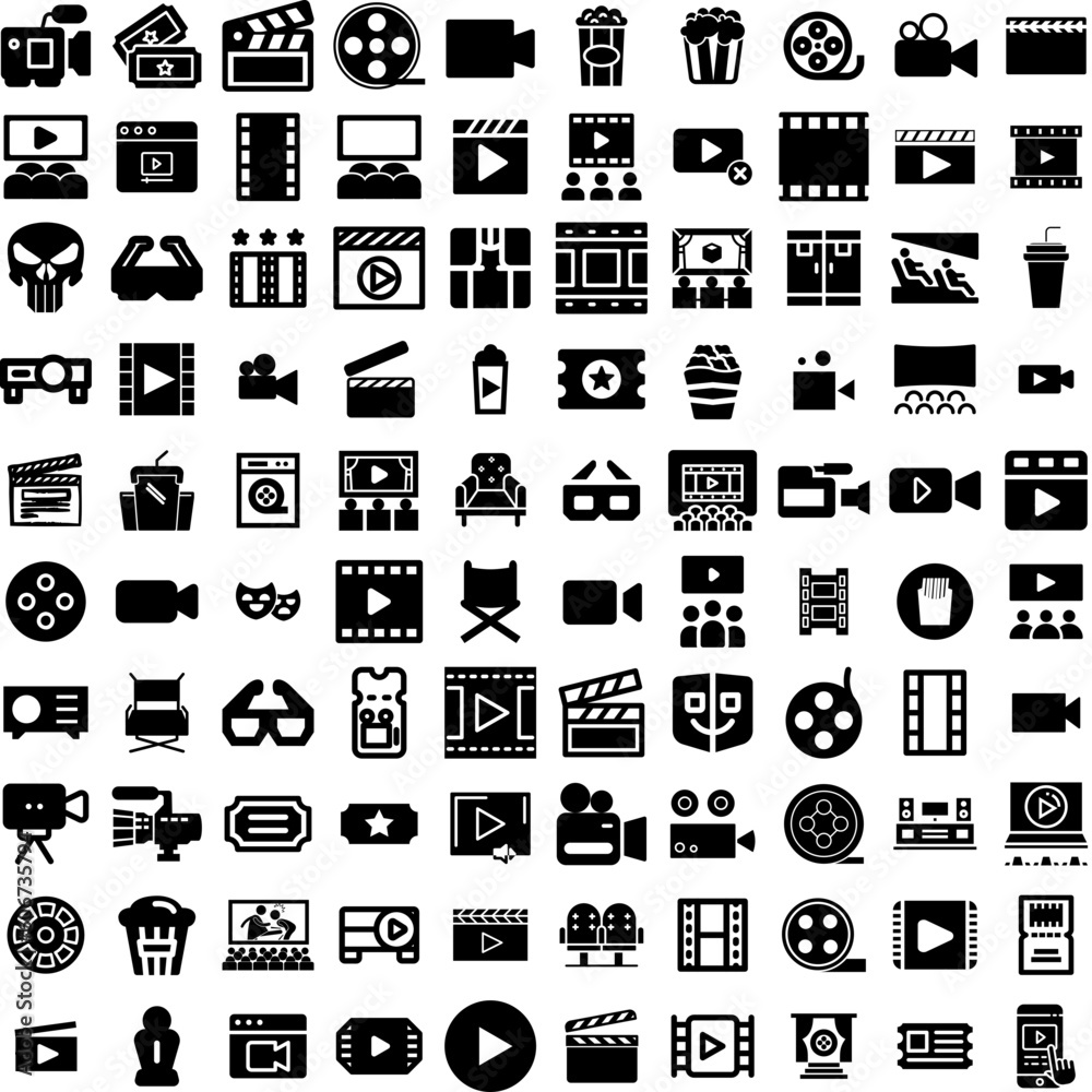 Collection Of 100 Cinema Icons Set Isolated Solid Silhouette Icons Including Popcorn, Movie, Theater, Film, Auditorium, Cinema, Entertainment Infographic Elements Vector Illustration Logo