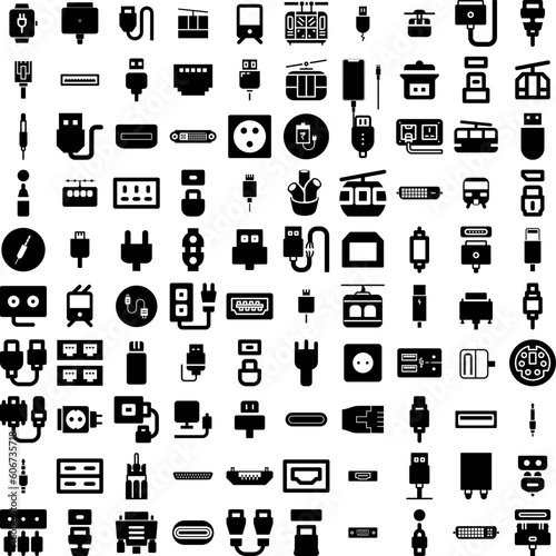 Collection Of 100 Cable Icons Set Isolated Solid Silhouette Icons Including Communication, Wire, Data, Cable, Technology, Line, Internet Infographic Elements Vector Illustration Logo