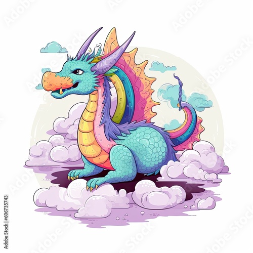Mythical dragons on cloud collection. Colorful baby dragon cartoon with clouds. Colorful dragons sitting on clouds set design for kids coloring pages. AI Generated. © Iftikhar alam