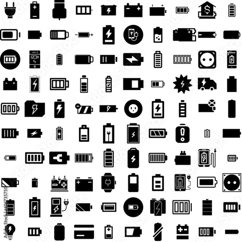 Collection Of 100 Charge Icons Set Isolated Solid Silhouette Icons Including Charge, Electric, Technology, Power, Energy, Battery, Charger Infographic Elements Vector Illustration Logo