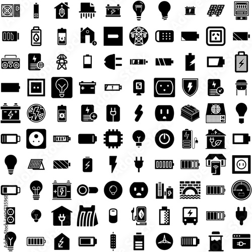 Collection Of 100 Electricity Icons Set Isolated Solid Silhouette Icons Including Light, Voltage, Electric, Power, Electricity, Lightning, Energy Infographic Elements Vector Illustration Logo