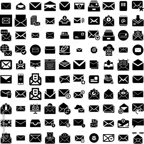 Collection Of 100 Email Icons Set Isolated Solid Silhouette Icons Including Internet, Email, Vector, Message, Web, Mail, Communication Infographic Elements Vector Illustration Logo