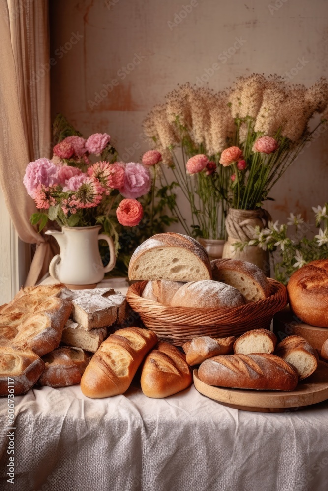 Classic Elegance: Assorted Bakery Items and Flowers in Rural Setting | AI Generated. Classic Elegance: Assorted Bakery Items and Flowers in Rural Setting | AI Generated.