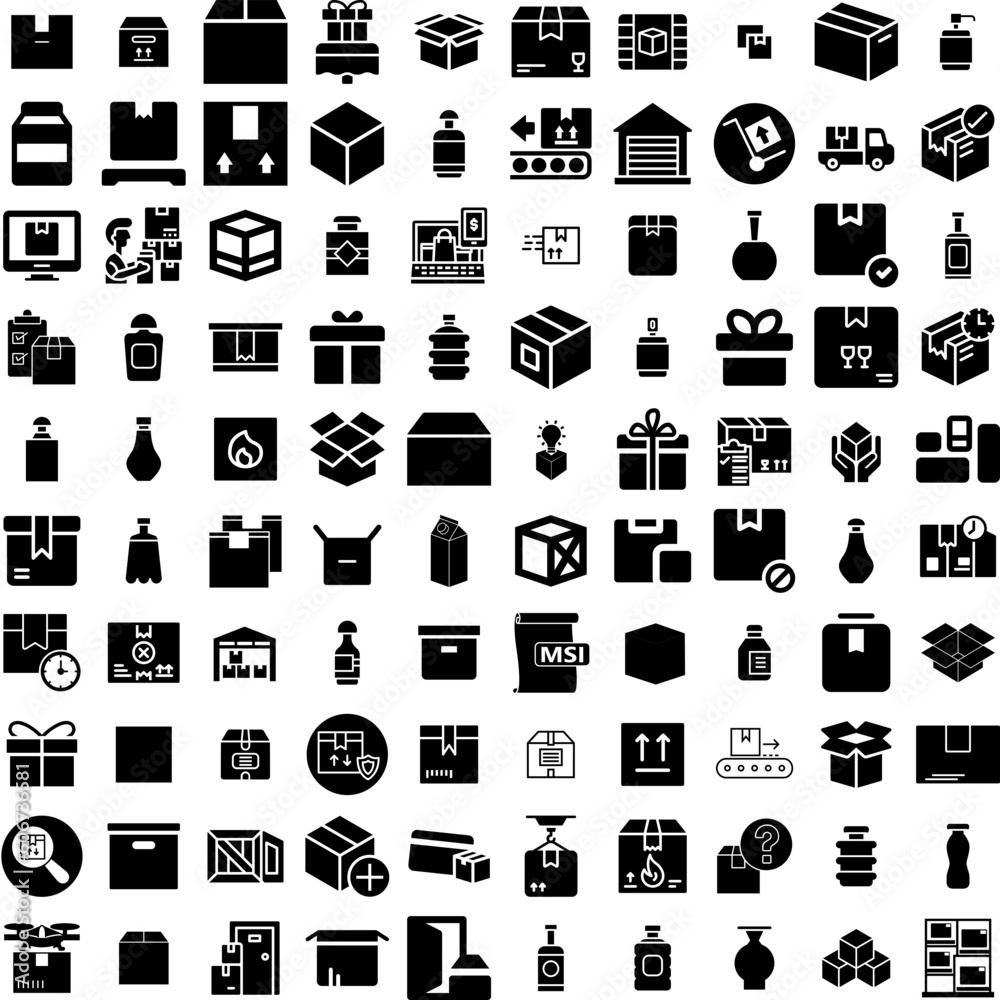 Collection Of 100 Package Icons Set Isolated Solid Silhouette Icons Including Set, Vector, Box, Package, Product, Pack, Packaging Infographic Elements Vector Illustration Logo