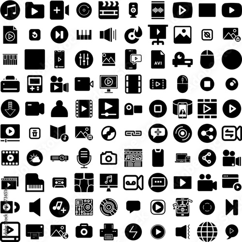 Collection Of 100 Multimedia Icons Set Isolated Solid Silhouette Icons Including Multimedia, Computer, Film, Media, Technology, Video, Movie Infographic Elements Vector Illustration Logo