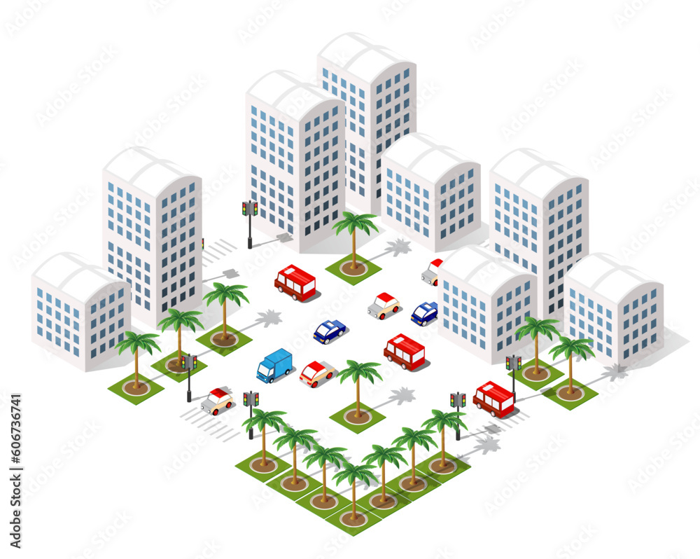 Isometric 3D illustration of the city quarter with houses modu Isometric 3D illustration of the city quarter with houses modu