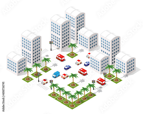 Isometric 3D illustration of the city quarter with houses modu photo