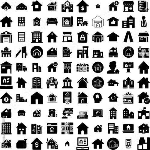 Collection Of 100 Property Icons Set Isolated Solid Silhouette Icons Including Concept, Estate, Home, Mortgage, Business, House, Property Infographic Elements Vector Illustration Logo