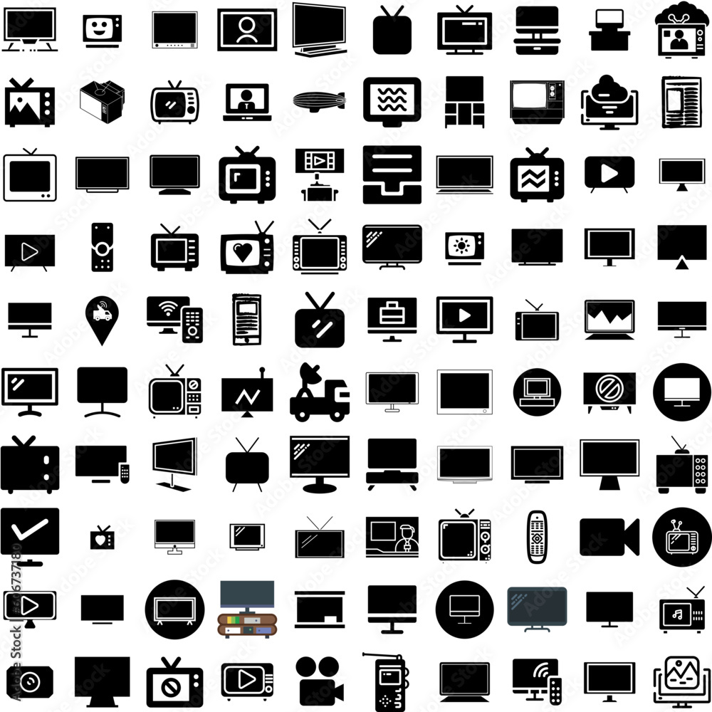 Collection Of 100 Television Icons Set Isolated Solid Silhouette Icons Including Technology, Entertainment, Screen, Tv, Display, Video, Television Infographic Elements Vector Illustration Logo