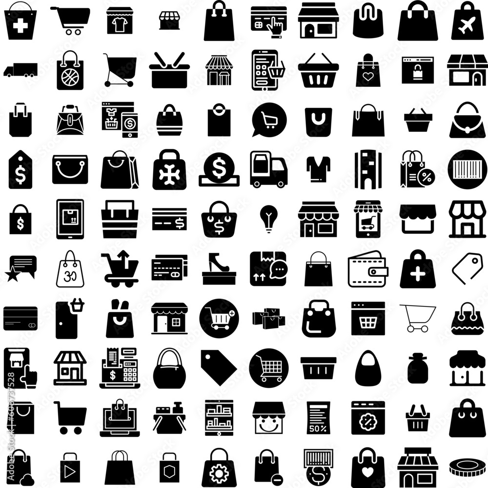 Collection Of 100 Shopping Icons Set Isolated Solid Silhouette Icons Including Promotion, Sale, Store, Buy, Business, Shop, Discount Infographic Elements Vector Illustration Logo