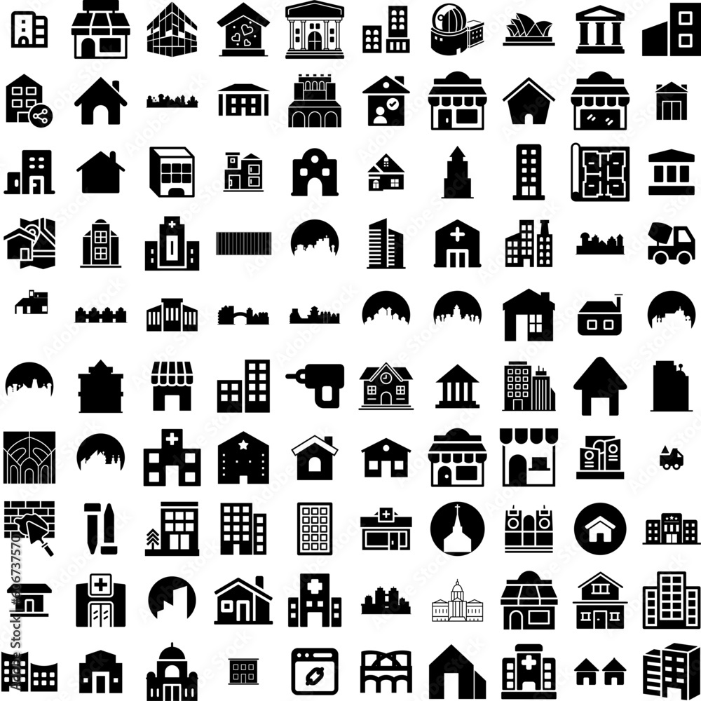 Collection Of 100 Building Icons Set Isolated Solid Silhouette Icons Including Architecture, Office, City, Construction, Building, Business, Urban Infographic Elements Vector Illustration Logo