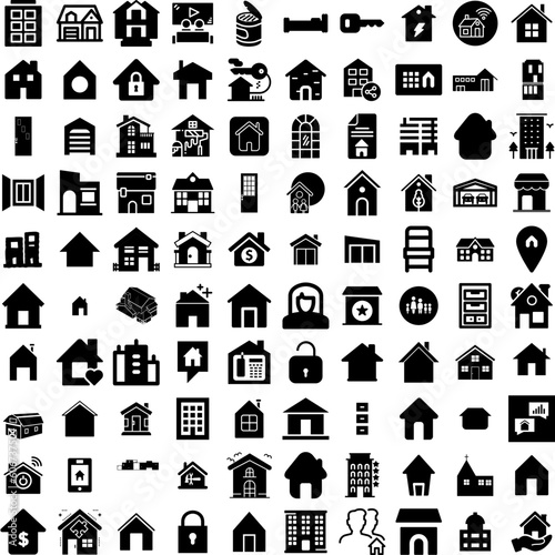Collection Of 100 House Icons Set Isolated Solid Silhouette Icons Including Building, Property, Residential, Architecture, Estate, Home, House Infographic Elements Vector Illustration Logo