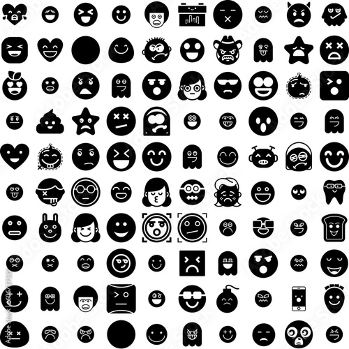 Collection Of 100 Emoji Icons Set Isolated Solid Silhouette Icons Including Vector, Symbol, Icon, Face, Emoticon, Isolated, Sign Infographic Elements Vector Illustration Logo