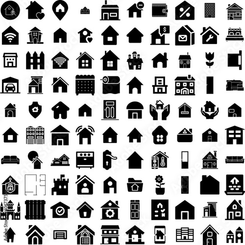 Collection Of 100 House Icons Set Isolated Solid Silhouette Icons Including Property, Architecture, Building, Residential, Home, House, Estate Infographic Elements Vector Illustration Logo