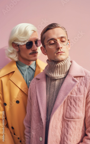 Fashion studio portrait photo of two men couple wearing pastel color clothes. Generative AI.