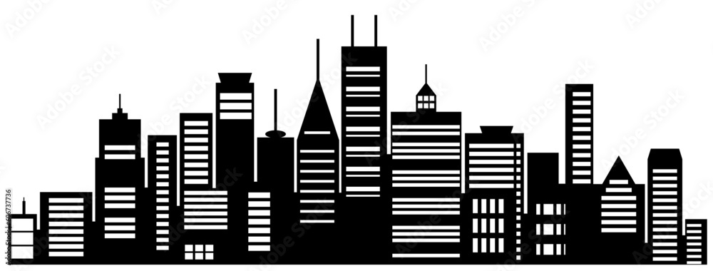 Obraz premium Landscape buildings silhouetted on white background. A black outline