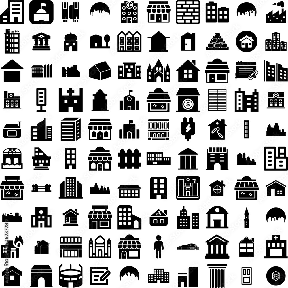 Collection Of 100 Building Icons Set Isolated Solid Silhouette Icons Including Business, Construction, Building, Urban, City, Office, Architecture Infographic Elements Vector Illustration Logo