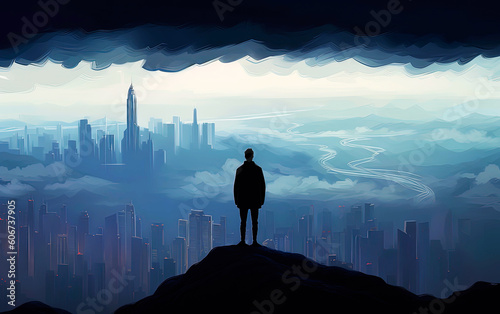 Illustration comic design of a man alone in the hills looking to the city skyline. Mental health concept. Loneliness, sadness and negative thoughts. Generative AI.