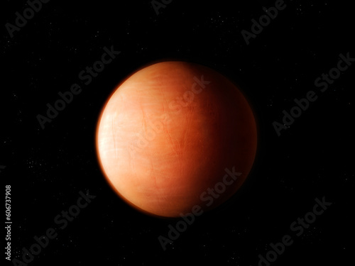 Exoplanet similar to Mars in deep space. Sci-fi background. Hot desert planet with a solid surface.