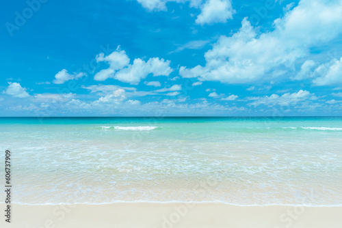 Fototapeta Naklejka Na Ścianę i Meble -  Beautiful tropical beach with blue sky and white clouds abstract texture background. Copy space of summer vacation and holiday business travel concept.
