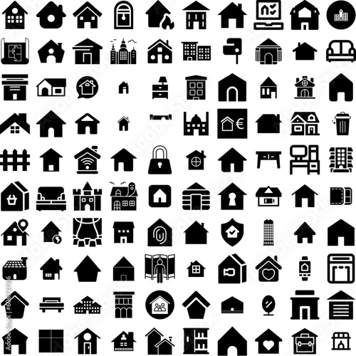 Collection Of 100 House Icons Set Isolated Solid Silhouette Icons Including Estate, Property, Building, Home, Architecture, Residential, House Infographic Elements Vector Illustration Logo