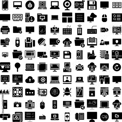 Collection Of 100 Computer Icons Set Isolated Solid Silhouette Icons Including Screen, Laptop, Display, Business, Modern, Technology, Computer Infographic Elements Vector Illustration Logo