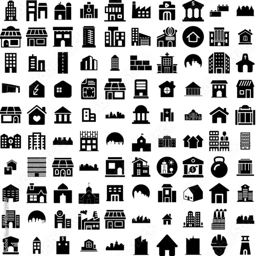 Collection Of 100 Building Icons Set Isolated Solid Silhouette Icons Including Urban, Building, City, Office, Business, Architecture, Construction Infographic Elements Vector Illustration Logo