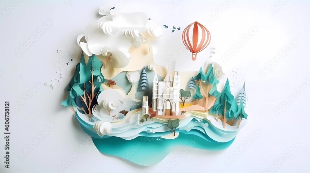 Landscape of fantasy whimsical island with forest and mountains, hot air balloon over the sea, paper craft art or origami style. Ai generative