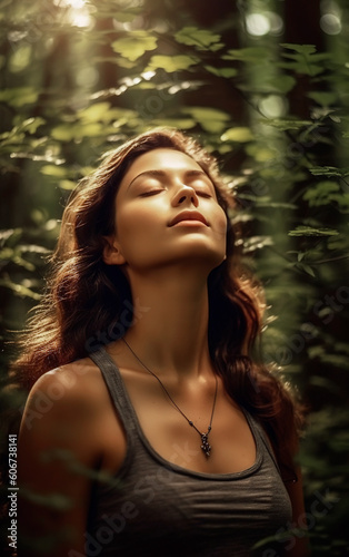 Brunette woman breaths fresh air on the forest. Generative AI.