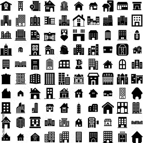 Collection Of 100 Apartment Icons Set Isolated Solid Silhouette Icons Including Modern, Estate, Home, Architecture, House, Residential, Apartment Infographic Elements Vector Illustration Logo