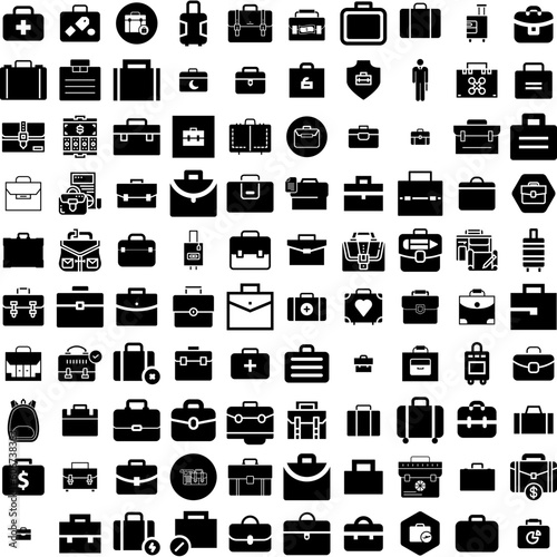 Collection Of 100 Briefcase Icons Set Isolated Solid Silhouette Icons Including Bag, Case, Office, Suitcase, Business, Design, Briefcase Infographic Elements Vector Illustration Logo